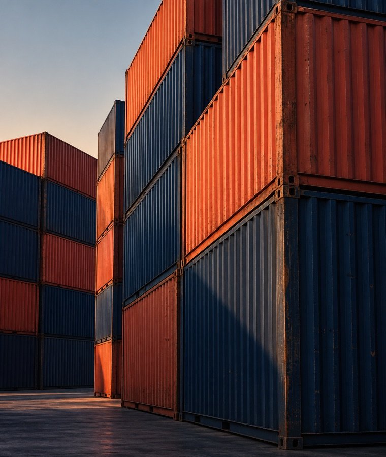 Unbranded freight containers at an international shipping terminal